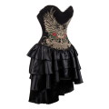 Black Flower and Wings Printing Corset Dress With Layered Irregular Bottom Design