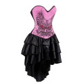 Pink Flower and Wings Print Corset Dress With Layered Irregular Bottom Design