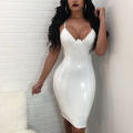 Sexy PU Leather Dresses Women Deep V Bodycon Party Clubwear Knee Length Kim Kardashian Wet Look Dres