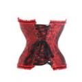 Dark Red Victorian Floral Brocade Corset With Ruffle Ribbon Trim, Sweetheart Neckline, Front Zipper