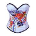 Enchanting White Boned Corset with Floral Print and Hook-Eye Closure