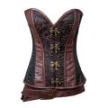 Women Brown Brocade Steampunk Leather Corset With Front Buckles