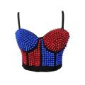 Black Strappy Corset With Red & Blue Spiked Embellishments and Adjustable Back Hook and Eye Closure