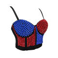 Black Strappy Corset With Red & Blue Spiked Embellishments and Adjustable Back Hook and Eye Closure