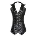 Black 16 Steel Boned Leather Overbust Corset with Windbreaker Collar, Lace-up Back