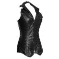 Black 16 Steel Boned Leather Overbust Corset with Windbreaker Collar, Lace-up Back