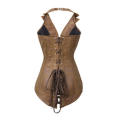 Slinky Brown Leather-like Overbust Corset with Windbreaker Collar, Lace-up Back