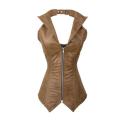 Slinky Brown Leather-like Overbust Corset with Windbreaker Collar, Lace-up Back