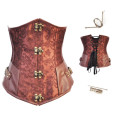 Printed Satin and Leather Corset With Lattice Back and Gold Buckle Detail