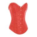 Red Steel Boned Overbust Corset With Floral Jacquard Print and Satin Ruffled Trim