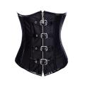 Fetish Black Satin Underbust Corset With Faux-Leather Detail and Silver Buckles Over Front Zipper Cl