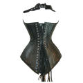 Black Leather Halter-style Corset With Zipper Front, Lace-up Back, Buckle Neck Strap, and Notch Lape