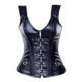 Black Leather Overbust Corset With Shoulder Straps, Buckle Detailing, Zipper Front, and Lace-up Back