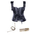 Black Leather Overbust Corset With Shoulder Straps, Buckle Detailing, Zipper Front, and Lace-up Back
