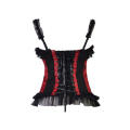 Red Striped Ovebust Corset With Front Leather and Steel Buckle Detailing and Ruffles