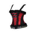 Red Striped Ovebust Corset With Front Leather and Steel Buckle Detailing and Ruffles