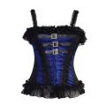 Blue Striped Ovebust Corset With Front Leather and Steel Buckle Detailing and Ruffles