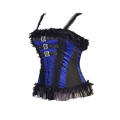 Blue Striped Ovebust Corset With Front Leather and Steel Buckle Detailing and Ruffles