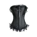Black Satin Overbust Corset With Hook Closures, Lace-up Back, and Black Lace Trim