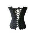 Black Training Corset of Floral Brocade With Ruffle Ribbon Trim, Sweetheart Neckline, Front Zipper