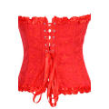 Fiery Red Victorian Corset of Floral Brocade With Ruffle Ribbon Trim, Sweetheart Neckline, Front Zip
