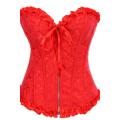 Fiery Red Victorian Corset of Floral Brocade With Ruffle Ribbon Trim, Sweetheart Neckline, Front Zip
