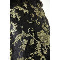 Glamorous Black Corset With Gold and Brass Print, Generous Lace Ruffle, Front Busk