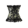 Glamorous Black Corset With Gold and Brass Print, Generous Lace Ruffle, Front Busk