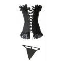 Black Victorian Corset Set With Matching Thong and Generous Lace Ruffle at Trim, Front Busk