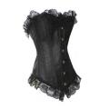 Black Victorian Corset Set With Matching Thong and Generous Lace Ruffle at Trim, Front Busk