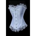 White Victorian Corset With Generous Lace Ruffle Trim, Front Busk