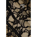 Beige Corset With Black Floral Lace Overlay and Black Ruched Trim, Bow and Strips, Front Busk