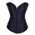 Black 12 Steel Boned Waist Training Corset With Brocade Pattern and Bust Ruched Trim, Steel Boned, F