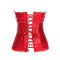 Plus Size Red Satin Lace Frilled Corset With Bows, Matching Panty, and Ribbon Tie Back