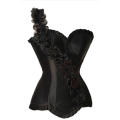 Black Satin Waist Training Corset With Diagonal One-Shoulder Rose Sash, Ruched Trim and Underwired C