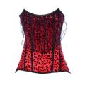 Red Leopard Corset With Black Detail, Pointed Neckline and a Swath of Lace Falling Over the Bust