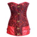 Steampunk Red Corset Dress With Black Floral Pattern, Faux-Leather Buckled Side Squares, Novelty Fro