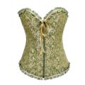 Olive Drab Corset With Gold Brass Brocade Pattern, Olive Green and Peach Ruched Ribbon Trim, Front Z