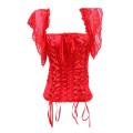 Fiery Red Satin Corset Top With Twin Lace-up Front Panels and Sheer Lace Flutter Sleeves