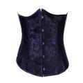 Midnight Black Underbust Corset With Floral Lace Print and Satin Trim, Front Busk