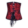 Red Underbust Corset With Black Floral Lace Print and Satin Trim, Front Busk