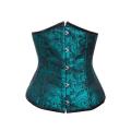 Teal Underbust Corset With Black Floral Lace Print and Satin Trim, Front Busk