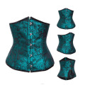 Teal Underbust Corset With Black Floral Lace Print and Satin Trim, Front Busk