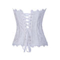 White Brocade Corset With Structured Paneling, Black Metal Clasps and White Lace Neck