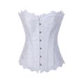 White Brocade Corset With Structured Paneling, Black Metal Clasps and White Lace Neck