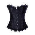 Black Brocade Corset With Structured Paneling, Black Metal Clasps and Black Lace Neck