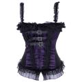 Sexy Bondage-Style Black and Purple Corset With Lace Detailing and Buckled Chest