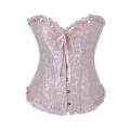 Elegant Pale Pink Brocade Strapless Corset With Delicate Ribbon Trim and Zip Front