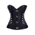 Black Satin Floral Print Boned Corset With Silver Chain Accents and Black Satin Ribbon Lace-up Back