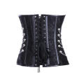 Black Satin Floral Print Boned Corset With Silver Chain Accents and Black Satin Ribbon Lace-up Back
